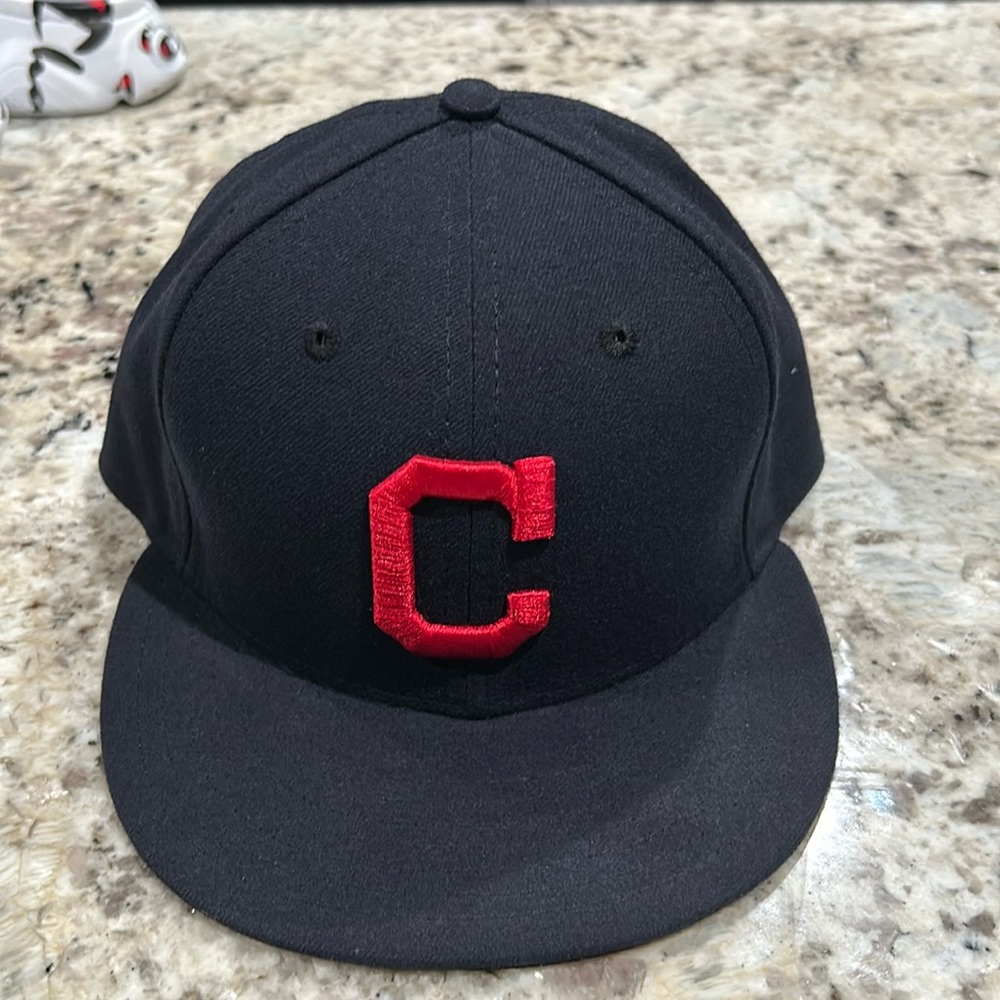 Cleveland Indians New Era fitted hat. Dark blue with the red Cleveland Indian C.